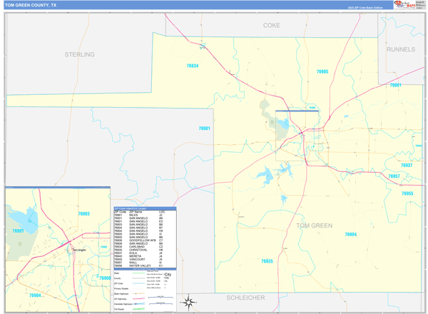 Tom Green County, TX Zip Code Wall Map